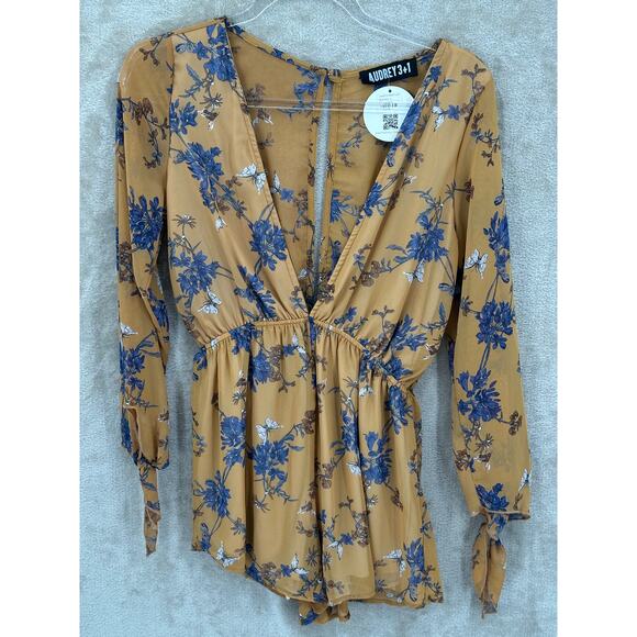 Audrey 3+1 Romper Womens Small Mustard Floral Plunge‎ V-Neck Boho Beach Festival - Picture 1 of 8